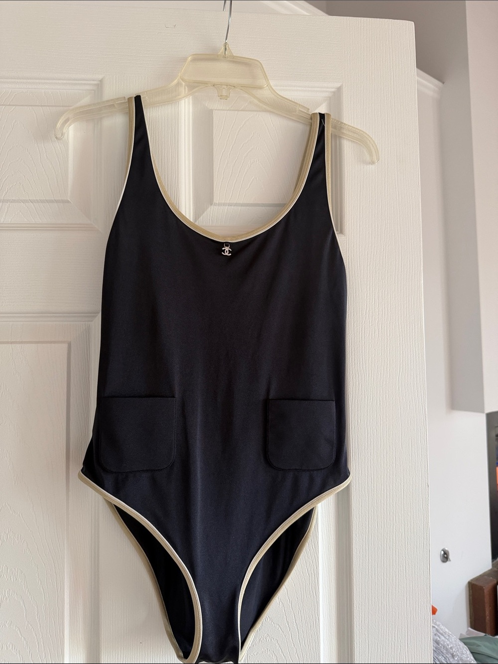 CHANEL Black One-Piece Swimsuit with Cream Trim